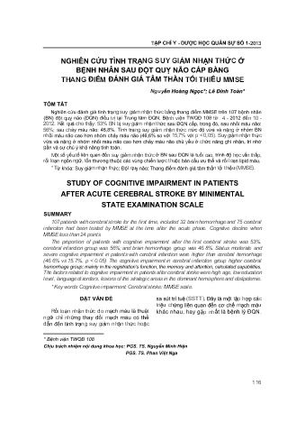 Nghiên cứu tình trạng suy giảm nhận thức ở bệnh nhân sau đột quỵ não cấp bằng thang điểm đánh giá tâm thần tối thiểu mmse