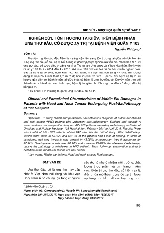Nghiên cứu tổn thương tai giữa trên bệnh nhân ung thư đầu, cổ được xạ trị tại bệnh viện quân y 103
