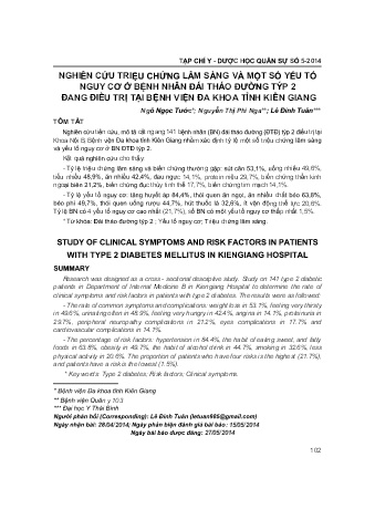 Nghiên cứu triệu chứng lâm sàng và một số yếu tố nguy cơ ở bệnh nhân đái tháo đường týp 2 đang điều trị tại bệnh viện đa khoa tỉnh Kiên Giang