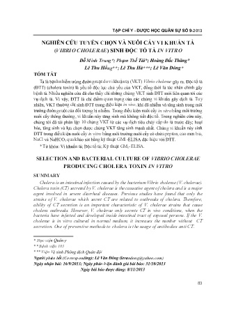 Nghiên cứu tuyển chọn và nuôi cấy vi khuẩn tả (vibrio cholerae) sinh độc tố tả in vitro