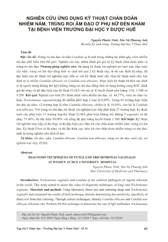 Nghiên cứu ứng dụng kỹ thuật chẩn đoán nhiễm nấm, trùng roi âm đạo ở phụ nữ đến khám tại bệnh viện trường đại học y dược Huế