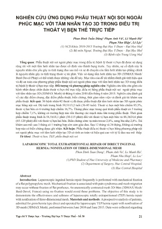 Nghiên cứu ứng dụng phẫu thuật nội soi ngoài phúc mạc với tấm nhân tạo 3D trong điều trị thoát vị bẹn thể trực tiếp