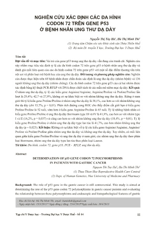 Nghiên cứu xác định các đa hình codon 72 trên gene p53 ở bệnh nhân ung thư dạ dày