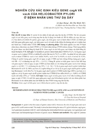 Nghiên cứu xác định kiểu gene caga và vaca của helicobacter pylori ở bệnh nhân ung thư dạ dày