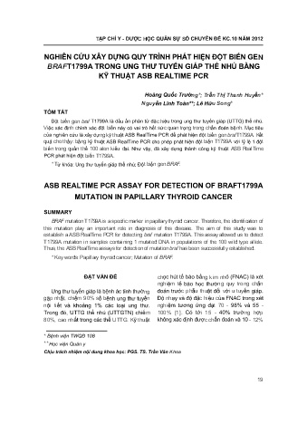 Nghiên cứu xây dựng quy trình phát hiện đột biến gen braft1799a trong ung thư tuyến giáp thể nhú bằng kỹ thuật asb realtime pcr