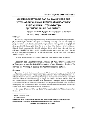 Nghiên cứu xây dựng tập bài giảng video clip “kỹ thuật cấp cứu và chuyển thương hỏa tuyến” phục vụ huấn luyện - đào tạo tại trường trung cấp quân y 1