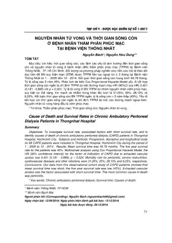 Nguyên nhân tử vong và thời gian sống còn ở bệnh nhân thẩm phân phúc mạc tại bệnh viện Thống Nhất