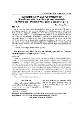 Nguyên nhân và các yếu tố nguy cơ dẫn đến vô sinh qua các cặp vợ chồng đến khám vô sinh tại bệnh viện quân y 103 (2013 - 2015)