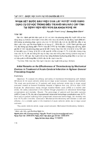 Nhận xét bước đầu hiệu quả lấy huyết khối bằng dụng cụ cơ học trong điều trị nhồi máu não cấp tính tại bệnh viện Hữu Nghị đa khoa Nghệ An