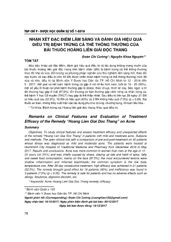 Nhận xét đặc điểm lâm sàng và đánh giá hiệu quả điều trị bệnh trứng cá thể thông thường của bài thuốc hoàng liên giải độc thang