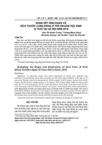 Nhận xét hình dạng và kích thước cung răng ở trẻ em dân tộc kinh 12 tuổi tại hà nội năm 2016