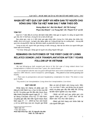 Nhận xét kết quả cặp ghép và hiến gan từ người cho sống đầu tiên tại Việt Nam sau 7 năm theo dõi
