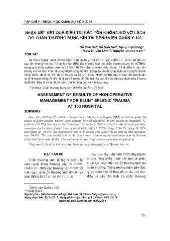 Nhận xét kết quả điều trị bảo tồn không mổ vỡ lách do chấn thương bụng kín tại bệnh viện quân y 103