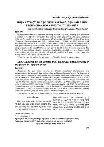 Nhận xét một số đặc điểm lâm sàng, cận lâm sàng trong chẩn đoán ung thư tuyến giáp