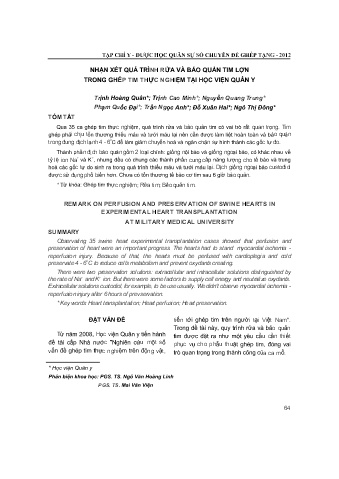 Nhận xét quá trình rửa và bảo quản tim lợn trong ghép tim thực nghiệm tại học viện quân y