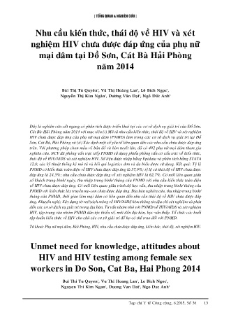 Nhu cầu kiến thức, thái độ về HIV và xét nghiệm HIV chưa được đáp ứng của phụ nữ mại dâm tại Đồ Sơn, Cát Bà Hải Phòng năm 2014