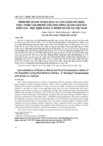 Nồng độ dioxin trong máu và thói quen sử dụng thực phẩm của người dân sinh sống quanh sân bay Biên Hòa - Một điểm nóng ô nhiễm dioxin tại Việt Nam