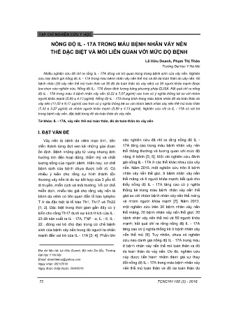 Nồng độ IL - 17A trong máu bệnh nhân vảy nến thế đặc biệt và mối liên quan với mức độ bệnh