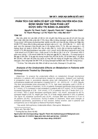 Phân tích các biến cố bất lợi trên chuyển hóa của bệnh nhân tâm thần phân liệt được điều trị bằng olanzapin