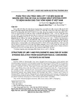 Phân tích cấu trúc gen lmp - 1 và mối quan hệ nguồn gốc phả hệ của 34 chủng virut epstein - barr từ bệnh nhân ung thư vòm họng ở Việt Nam