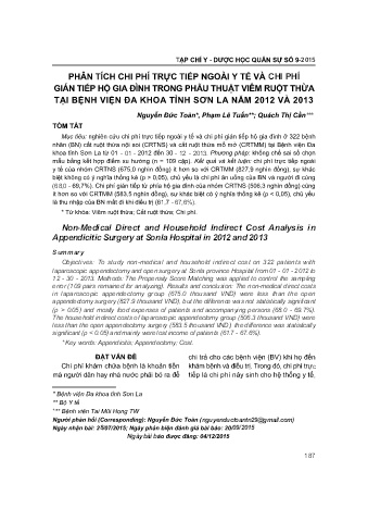Phân tích chi phí trực tiếp ngoài y tế và chi phí gián tiếp hộ gia đình trong phẫu thuật viêm ruột thừa tại bệnh viện đa khoa tỉnh Sơn La năm 2012 và 2013