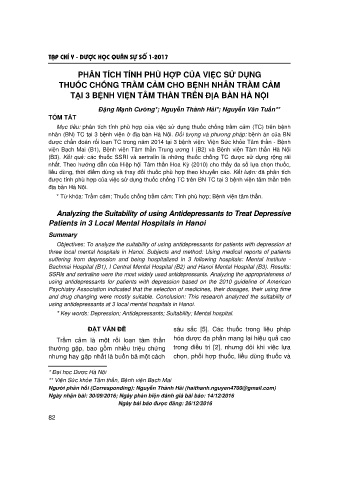 Phân tích tính phù hợp của việc sử dụng thuốc chống trầm cảm cho bệnh nhân trầm cảm tại 3 bệnh viện tâm thần trên địa bàn Hà Nội