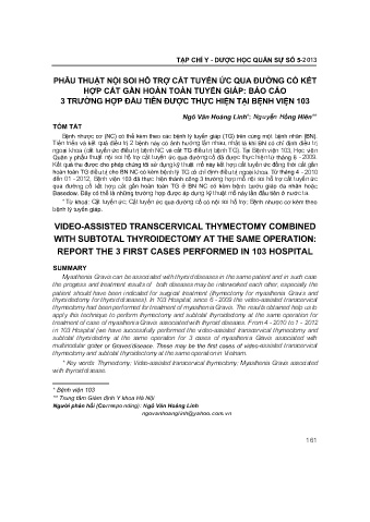Phẫu thuật nội soi hỗ trợ cắt tuyến ức qua đường cổ kết hợp cắt gần hoàn toàn tuyến giáp: Báo cáo 3 trường hợp đầu tiên được thực hiện tại bệnh viện 103