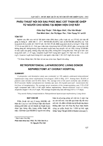 Phẫu thuật nội soi sau phúc mạc cắt thận để ghép từ người cho sống tại bệnh viện chợ rẫy