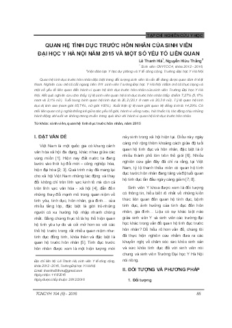 Quan hệ tình dục trước hôn nhân của sinh viên đại học y Hà Nội năm 2015 và một số yếu tố liên quan