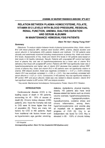 Relation between plasma homocysteine, folate, vitamin b12 levels with blood pressure, residual renal function, anemia, dialysis duration and serum albumin in maintenance hemodialysis patients