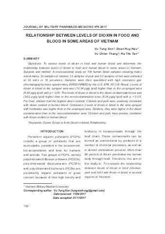 Relationship between levels of dioxin in food and blood in some areas of Vietnam