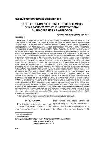Result treatment of pineal region tumors on 45 patients with the infratentorial supracerebellar approach