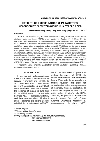Results of lung functional parameters measured by plethysmography in stable copd