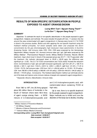 Results of non - specific detoxification in people exposed to agent orange / dioxin