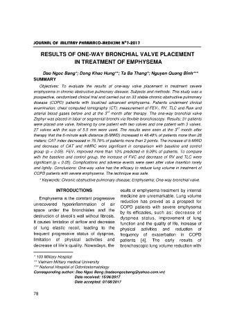 Results of one - way bronchial valve placement in treatment of emphysema