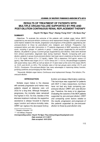 Results of treatment of patients with multiple organ failure supported by pre - and post - dilution continuous renal replacement therapy