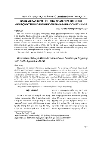 So sánh đặc điểm hình thái noãn giữa hai nhóm khởi động trưởng thành noãn bằng Gnrh agonist và Hcg