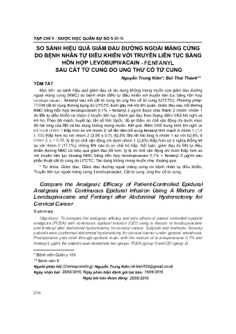So sánh hiệu quả giảm đau đường ngoài màng cứng do bệnh nhân tự điều khiển với truyền liên tục bằng hỗn hợp levobupivacain - Fentanyl sau cắt tử cung do ung thư cổ tử cung