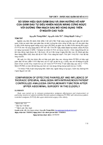 So sánh hiệu quả giảm đau và ảnh hưởng hô hấp của giảm đau tự điều khiển ngoài màng cứng ngực với đường tĩnh mạch sau mổ vùng bụng trên ở người cao tuổi