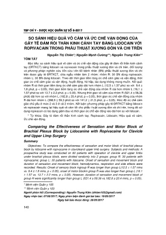 So sánh hiệu quả vô cảm và ức chế vận động của gây tê đám rối thần kinh cánh tay bằng lidocain với ropivacain trong phẫu thuật xương đòn và chi trên
