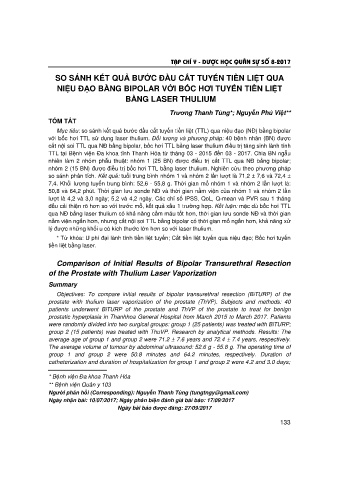 So sánh kết quả bước đầu cắt tuyến tiền liệt qua niệu đạo bằng bipolar với bốc hơi tuyến tiền liệt bằng laser thulium