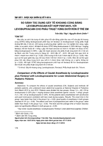 So sánh tác dụng gây tê khoang cùng bằng levobupivacain kết hợp fentanyl với levobupivacain cho phẫu thuật vùng dưới rốn ở trẻ em