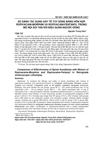 So sánh tác dụng gây tê tủy sống bằng hỗn hợp ropivacain-morphin và ropivacain - fentanyl trong mổ nội soi tán sỏi niệu quản ngược dòng