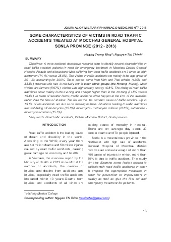 Some characteristics of victims in road traffic accidents treated at mocchau general hospital sonla province (2012 - 2013)