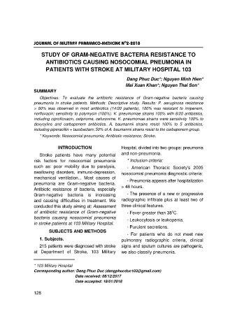 Study of gram - negative bacteria resistance to antibiotics causing nosocomial pneumonia in patients with stroke at military hospital 103