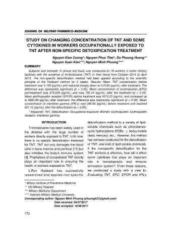 Study on changing concentration of tnt and some cytokines in workers occupationally exposed to tnt after non - specific detoxification treatment