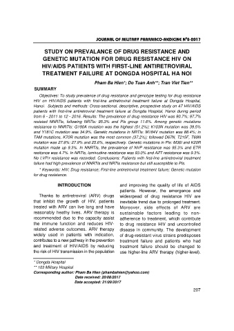 Study on prevalance of drug resistance and genetic mutation for drug resistance hiv on hiv/aids patients with first - line antiretroviral treatment failure at dongda hospital Ha Noi