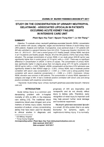 Study on the concentration of urinary neutrophil gelatinase - Associated lipocalin in patients occuring acute kidney failure in intensive care unit