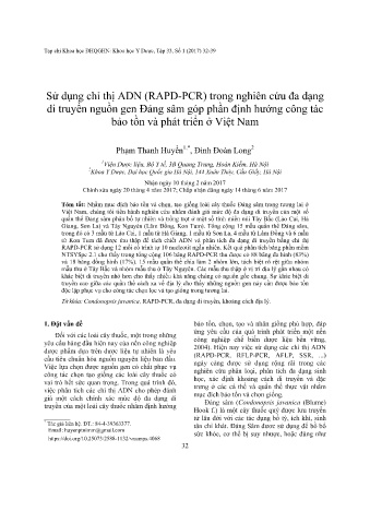 Sử dụng chỉ thị ADN (RAPD - PCR) trong nghiên cứu đa dạng di truyền nguồn gen Đảng sâm góp phần định hướng công tác bảo tồn và phát triển ở Việt Nam