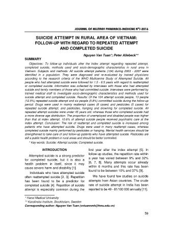 Suicide attempt in rural area of vietnam: Follow - up with regard to repeated attempt and completed suicide